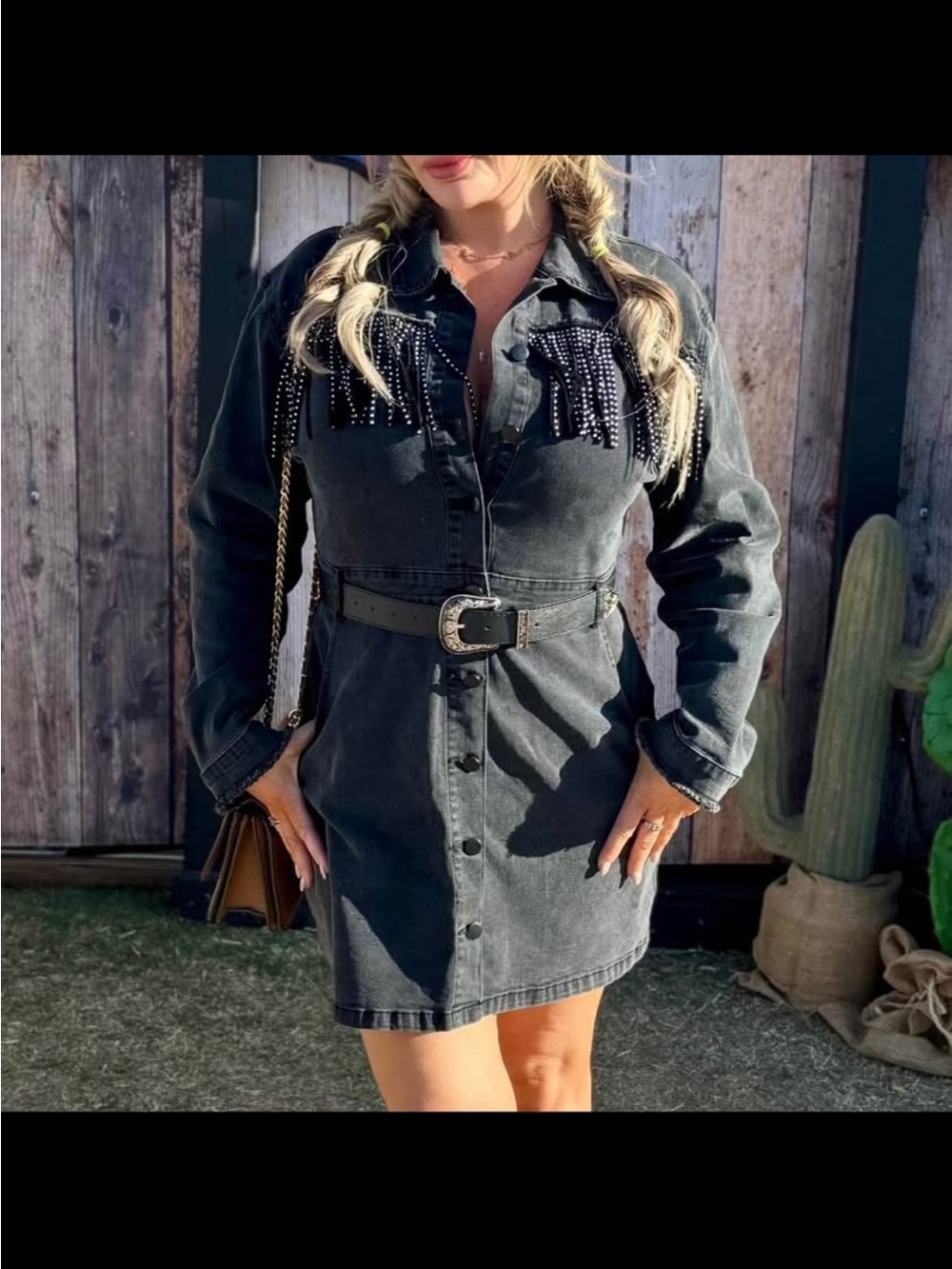 Black Western Denim Button-Front Dress with Fringe Detail